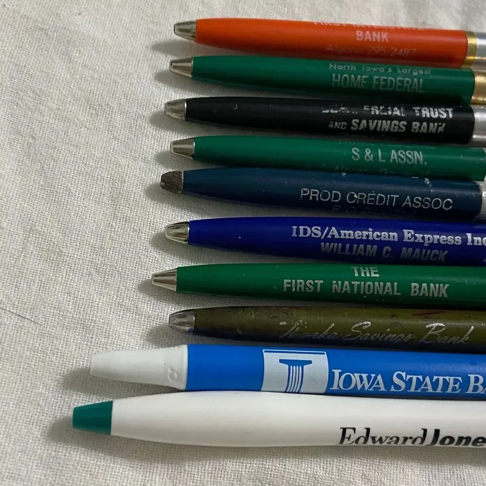 Vtg Lot 10 Finance Pen USA Everglide Scripto Click Ballpoint Advertising Collect